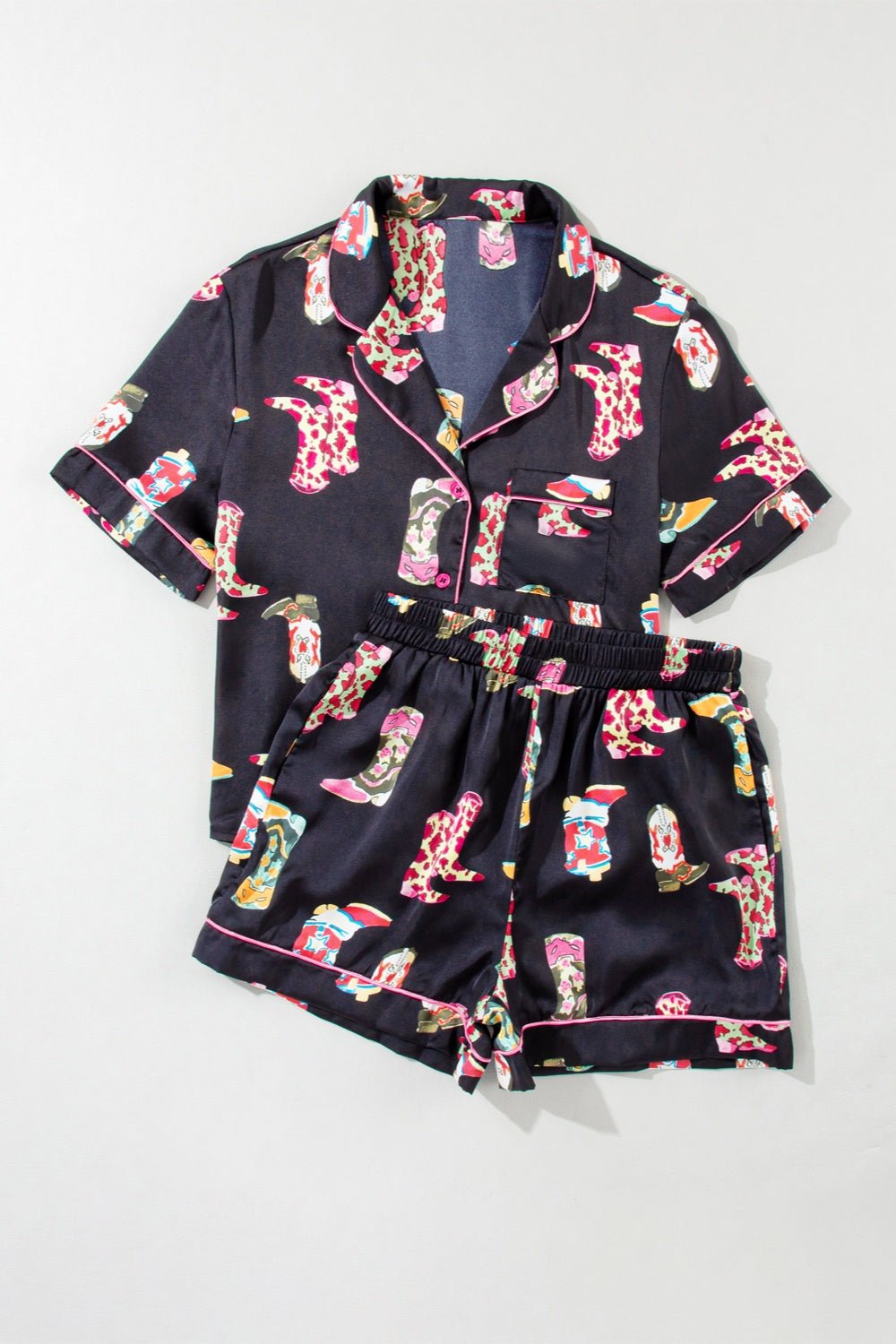 Printed Button Up Short Sleeve Top and Shorts Lounge Set - Celeste