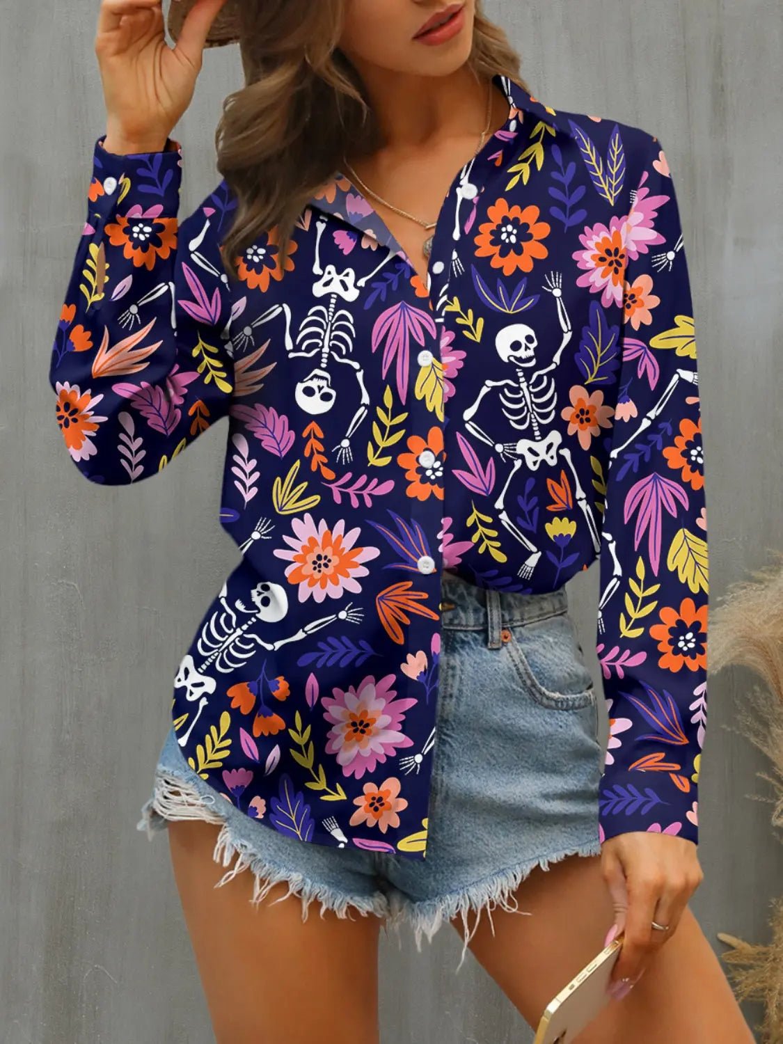 Printed Collared Neck Long Sleeve Shirt - Celeste