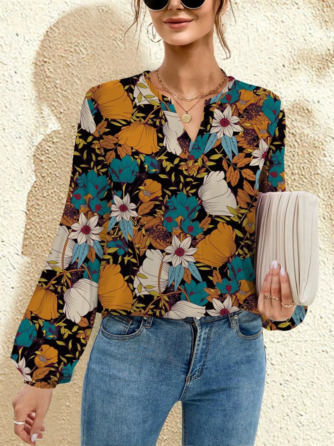 Printed Notched Long Sleeve Blouse - Celeste