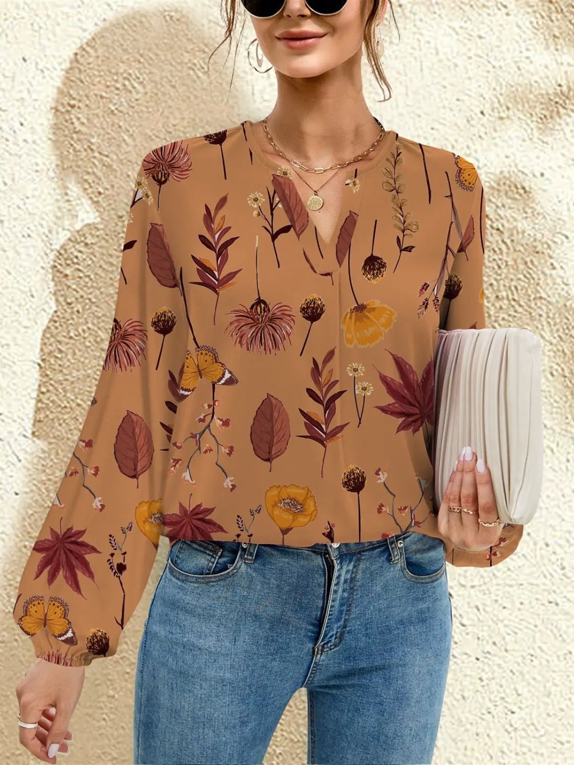 Printed Notched Long Sleeve Blouse - Celeste