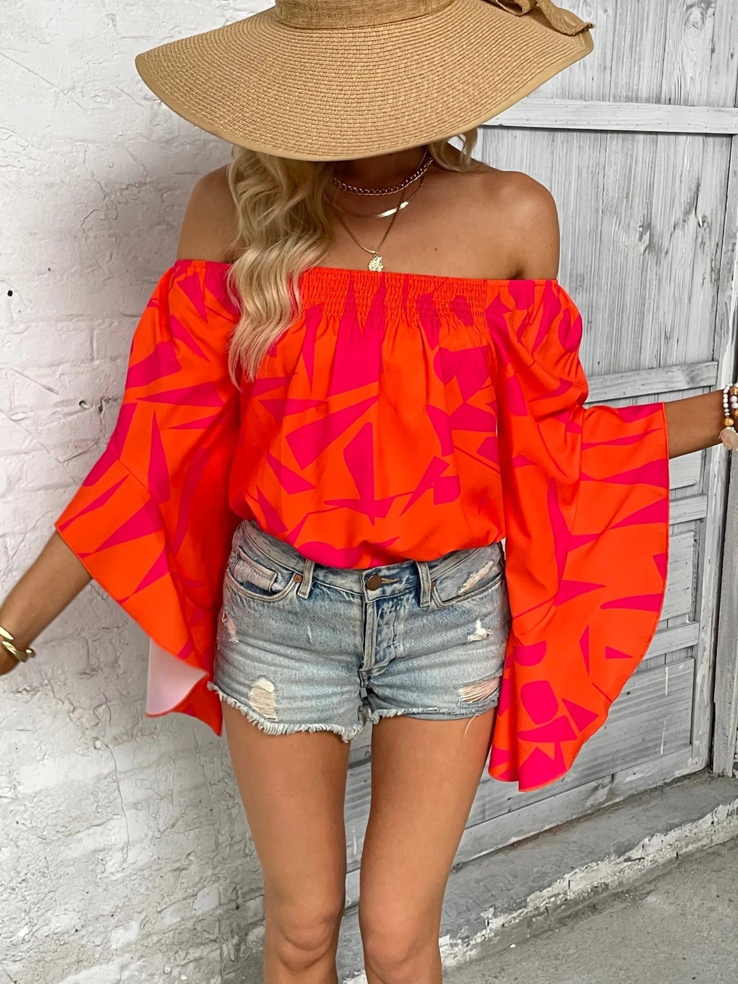 Printed Off - Shoulder Bell Sleeve Blouse - Celeste