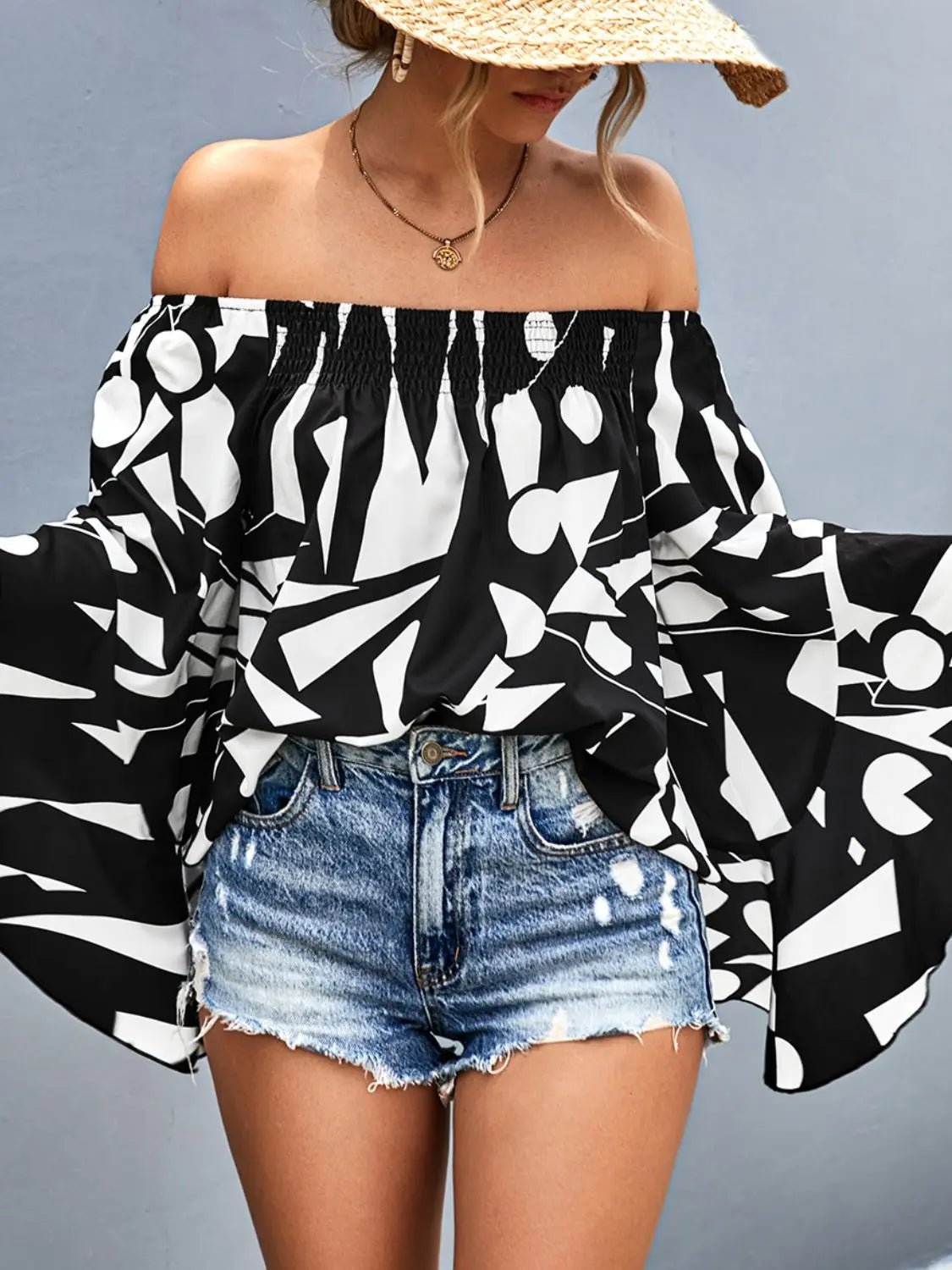 Printed Off - Shoulder Bell Sleeve Blouse - Celeste