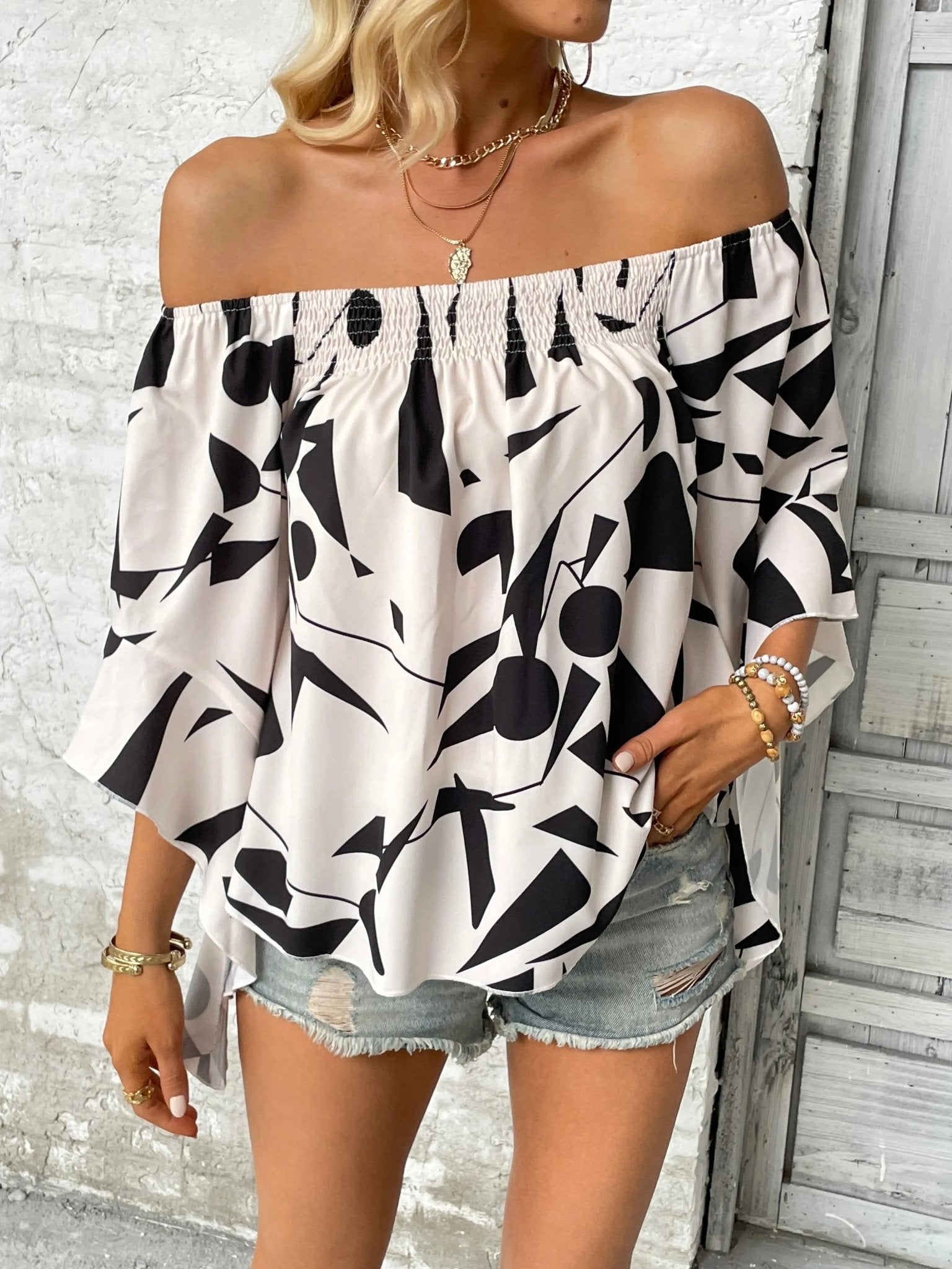 Printed Off - Shoulder Bell Sleeve Blouse - Celeste