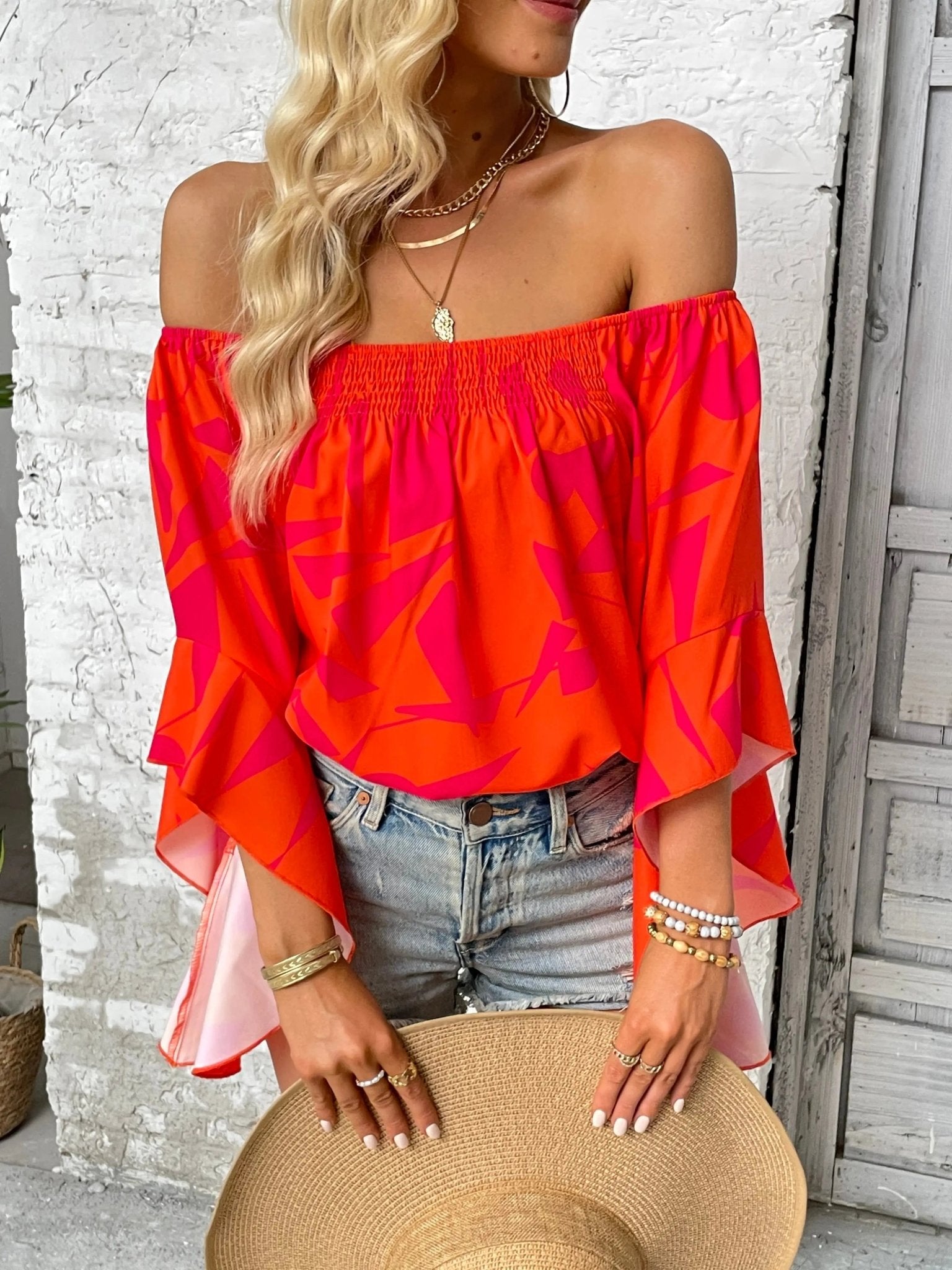 Printed Off - Shoulder Bell Sleeve Blouse - Celeste