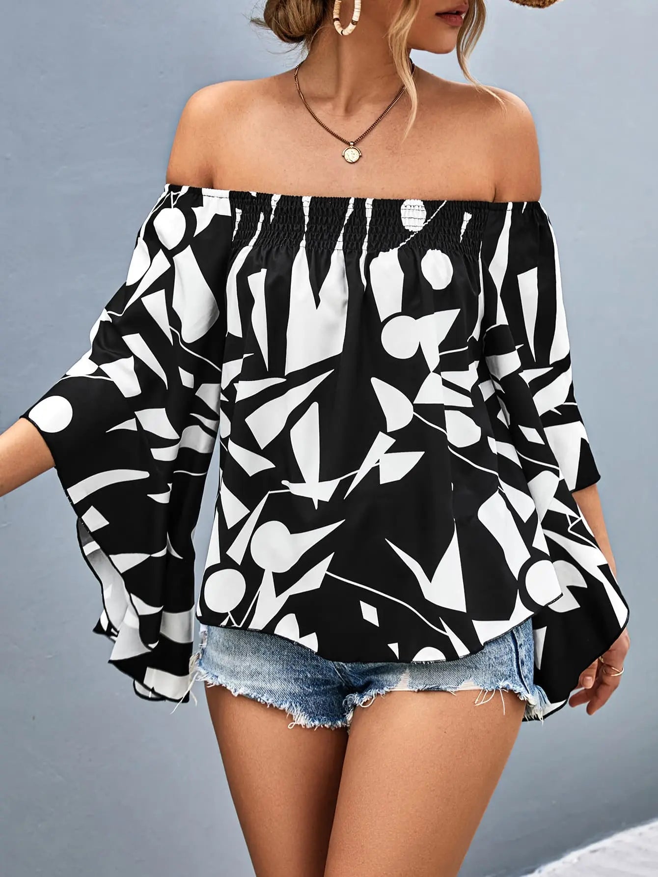 Printed Off - Shoulder Bell Sleeve Blouse - Celeste