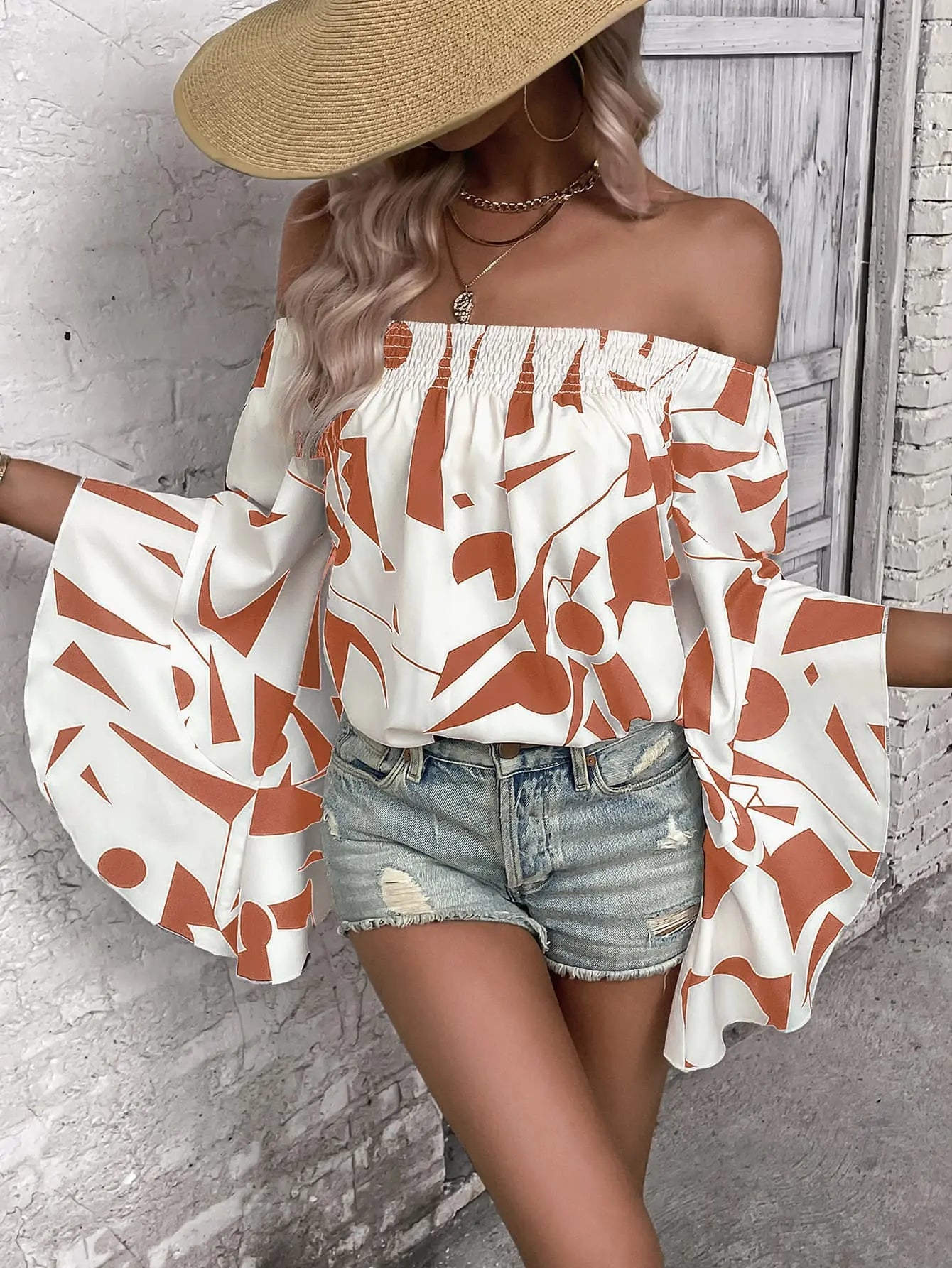 Printed Off - Shoulder Bell Sleeve Blouse - Celeste