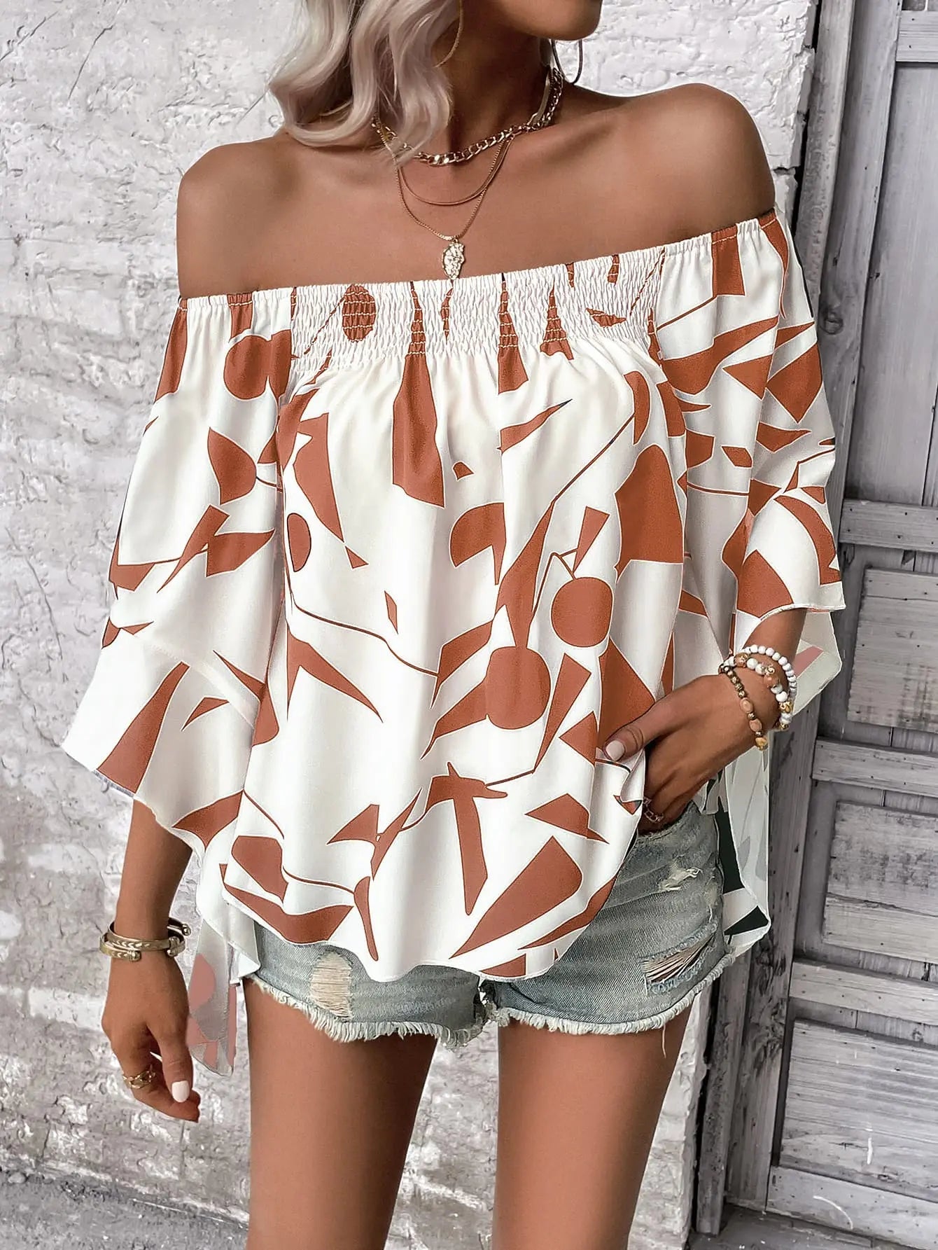 Printed Off - Shoulder Bell Sleeve Blouse - Celeste