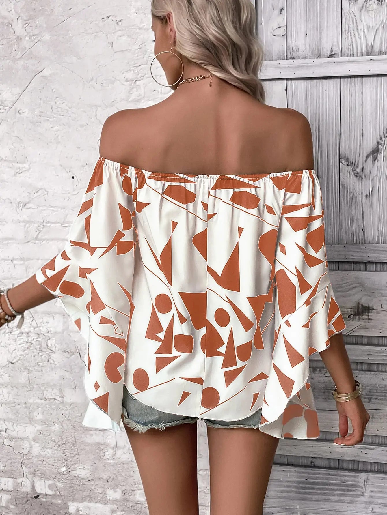 Printed Off - Shoulder Bell Sleeve Blouse - Celeste