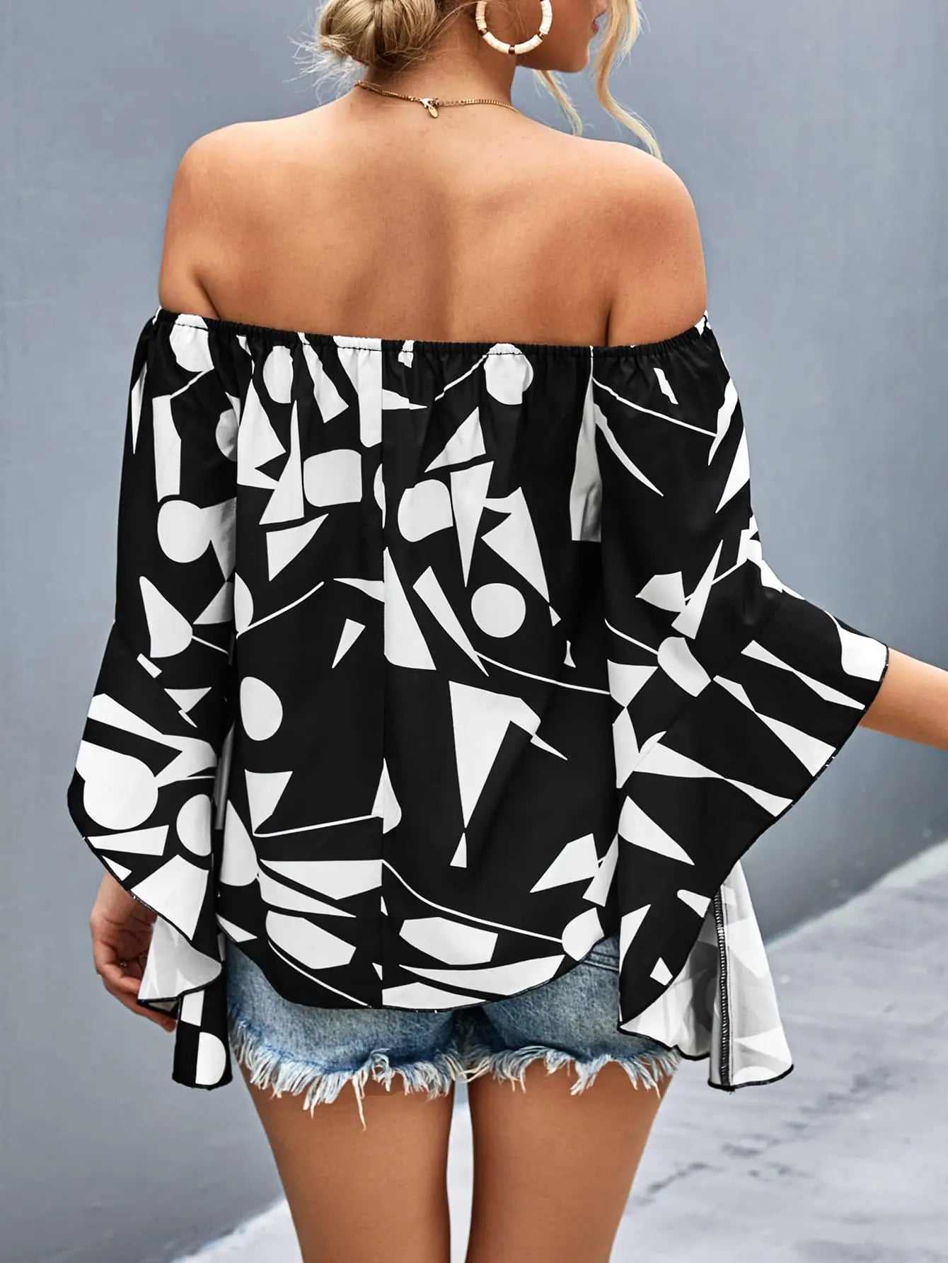 Printed Off - Shoulder Bell Sleeve Blouse - Celeste