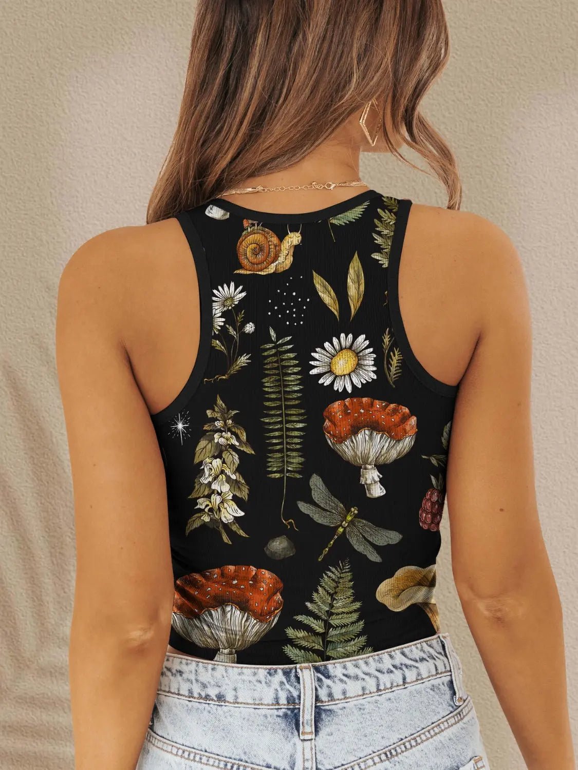 Printed Round Neck Wide Strap Tank - Celeste