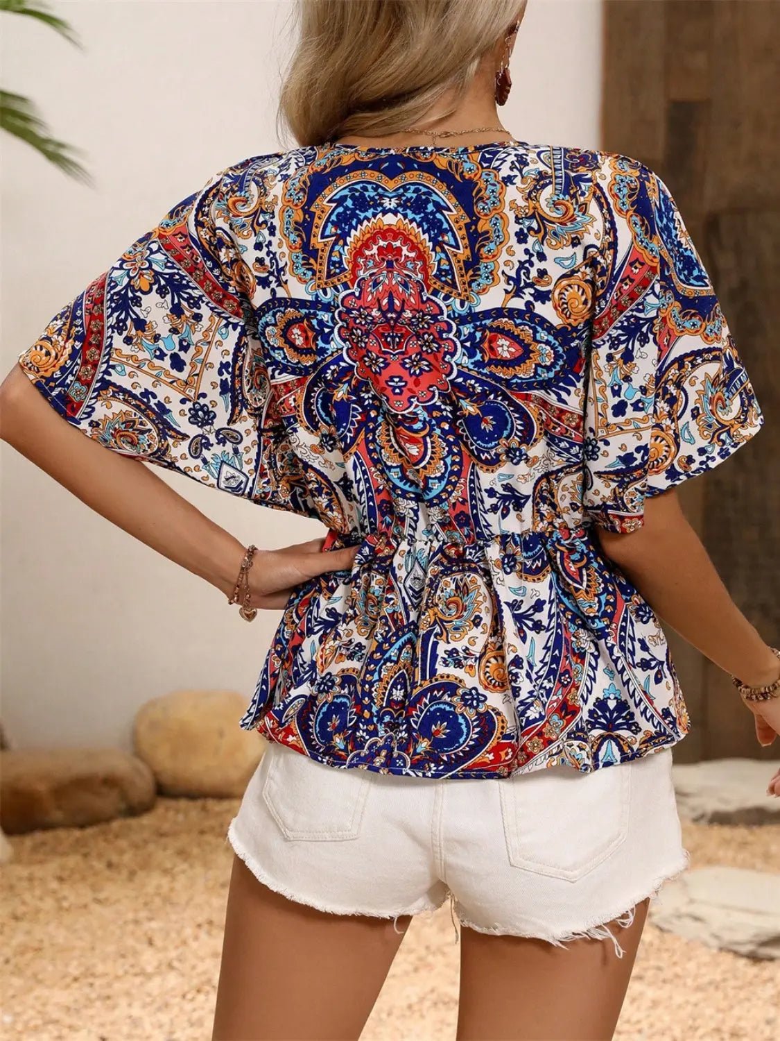 Printed Surplice Half Sleeve Blouse - Celeste