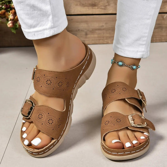 PU Leather Open Toe Buckle Sandals - Celeste