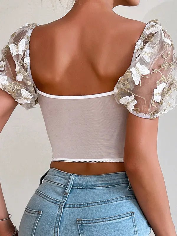 Puff Sleeve Sexy Floral Cropped Top - Celeste