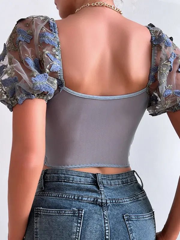 Puff Sleeve Sexy Floral Cropped Top - Celeste