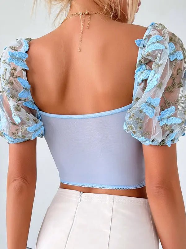 Puff Sleeve Sexy Floral Cropped Top - Celeste