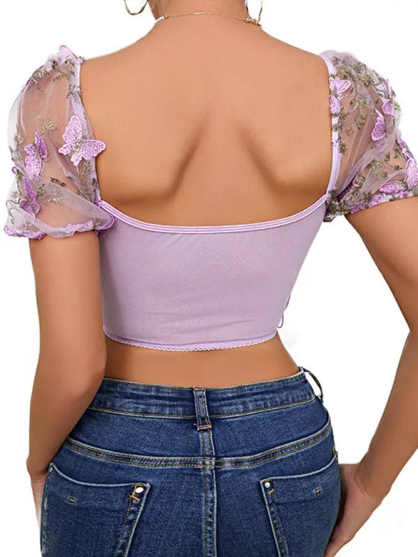 Puff Sleeve Sexy Floral Cropped Top - Celeste