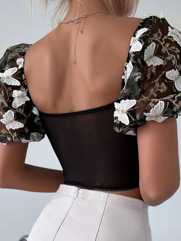 Puff Sleeve Sexy Floral Cropped Top - Celeste