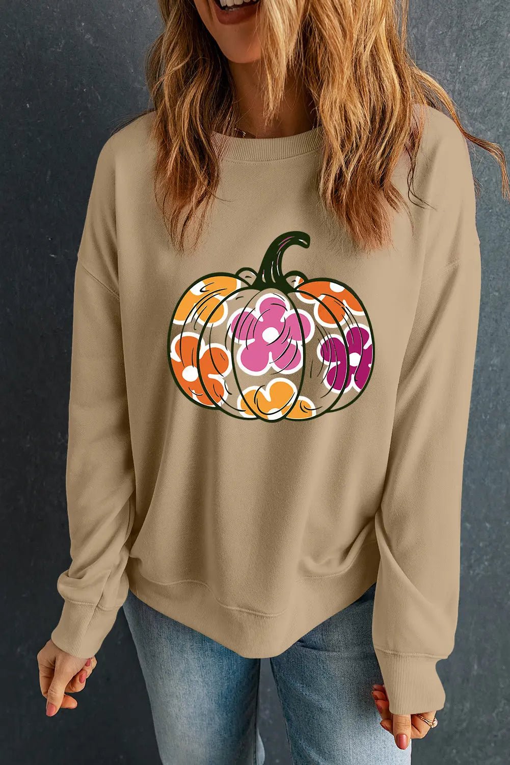 Pumpkin & Flower Graphic Long Sleeve Sweatshirt - Celeste