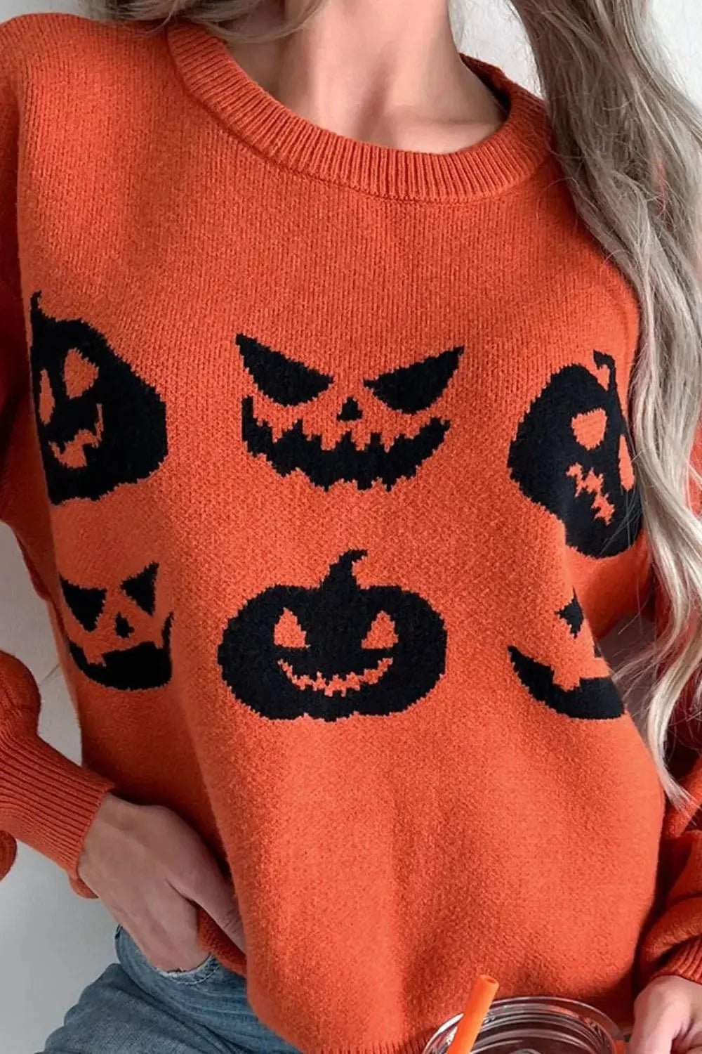 Pumpkin Pattern Round Neck Sweater - Celeste