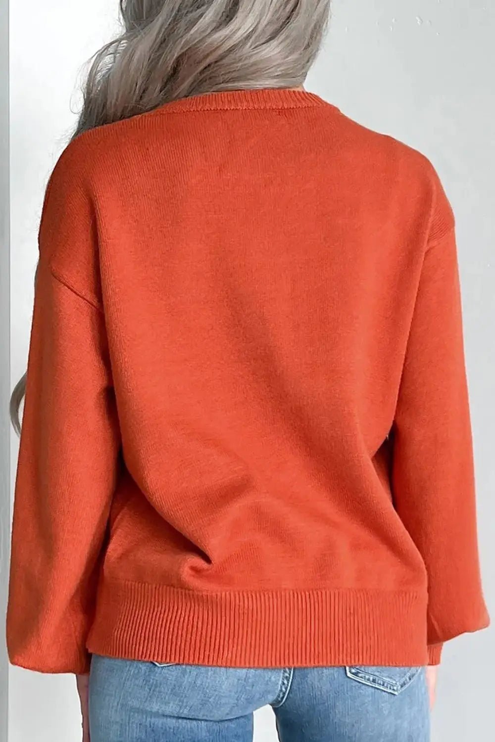 Pumpkin Pattern Round Neck Sweater - Celeste