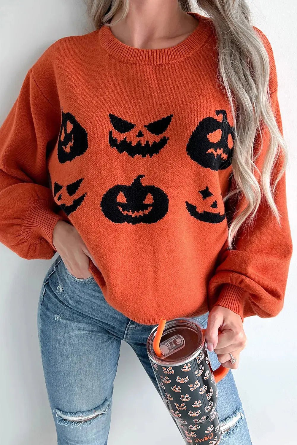 Pumpkin Pattern Round Neck Sweater - Celeste