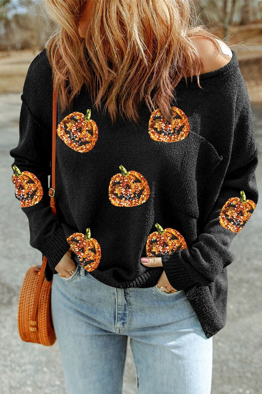 Pumpkin Round Neck Long Sleeve Knit Top - Celeste