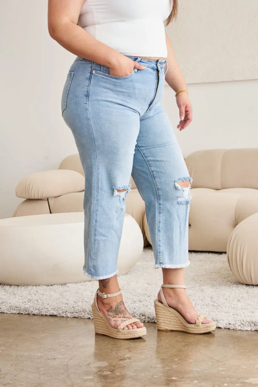 RFM Full Size Tummy Control High Waist Raw Hem Distressed Jeans - Celeste