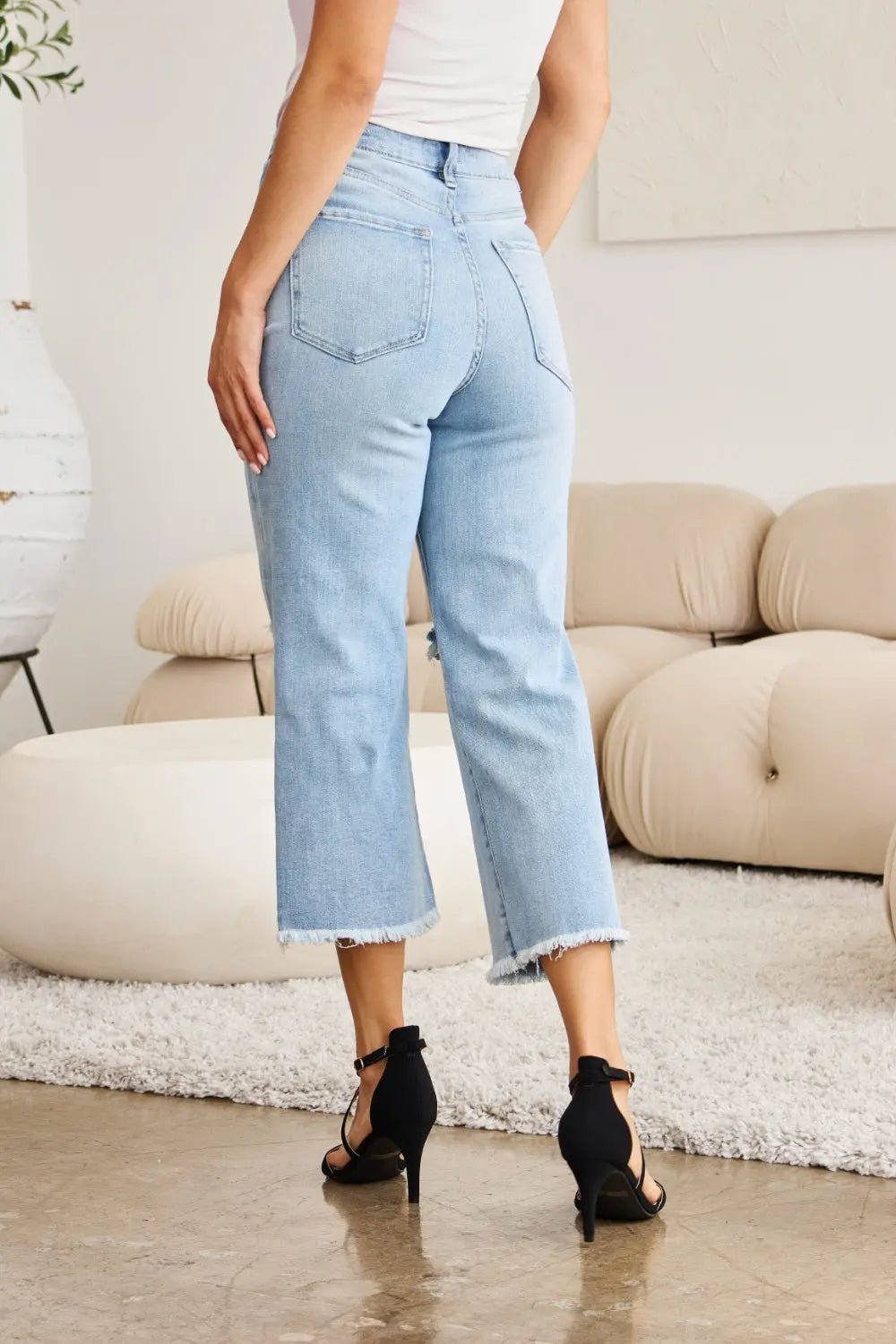 RFM Full Size Tummy Control High Waist Raw Hem Distressed Jeans - Celeste