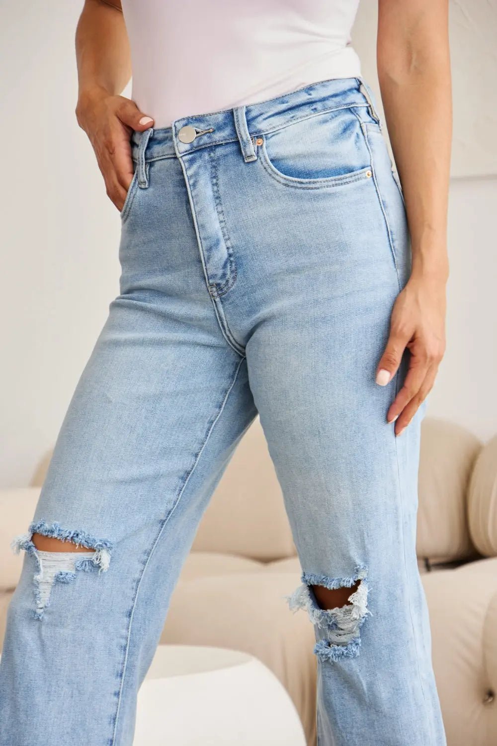 RFM Full Size Tummy Control High Waist Raw Hem Distressed Jeans - Celeste