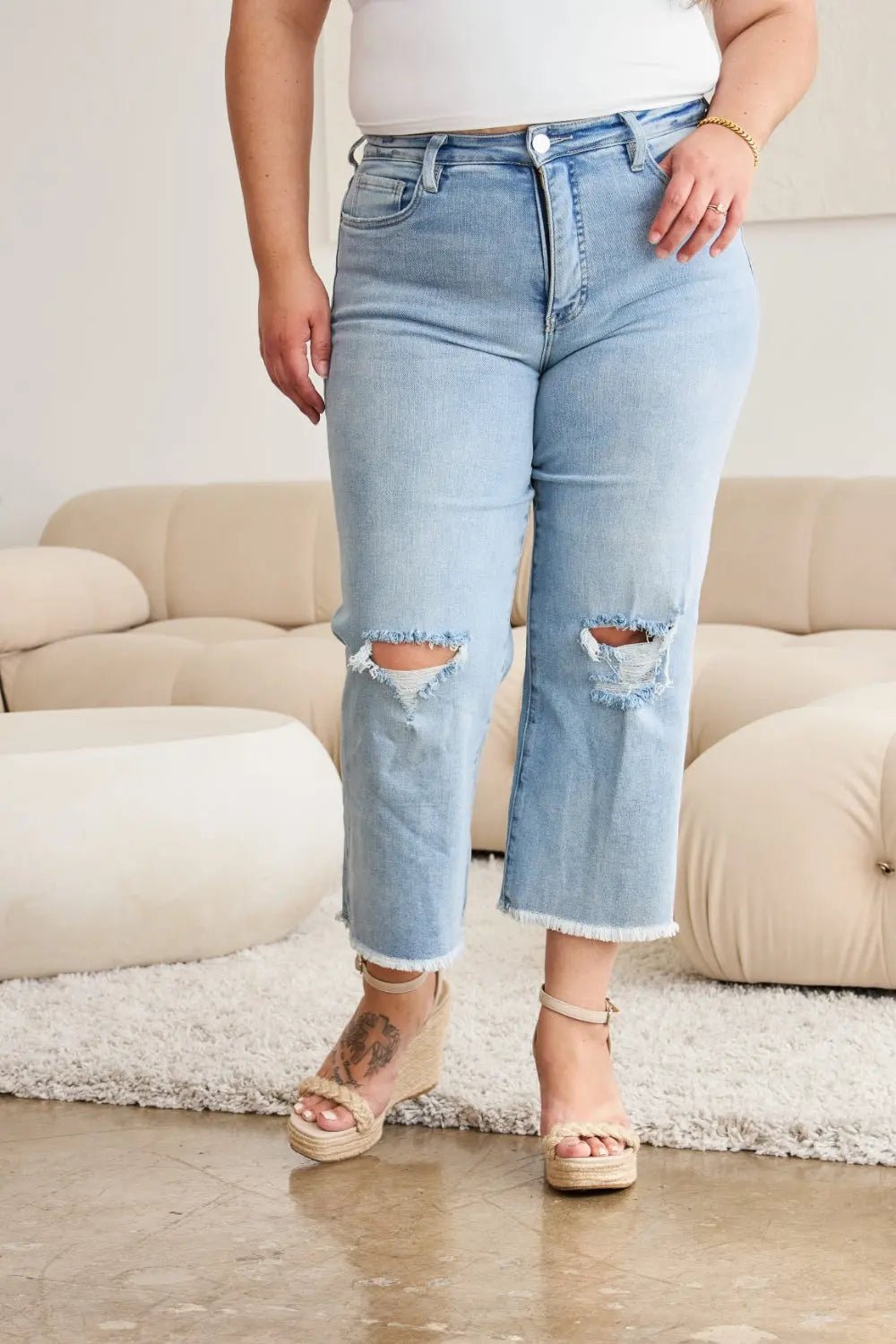 RFM Full Size Tummy Control High Waist Raw Hem Distressed Jeans - Celeste