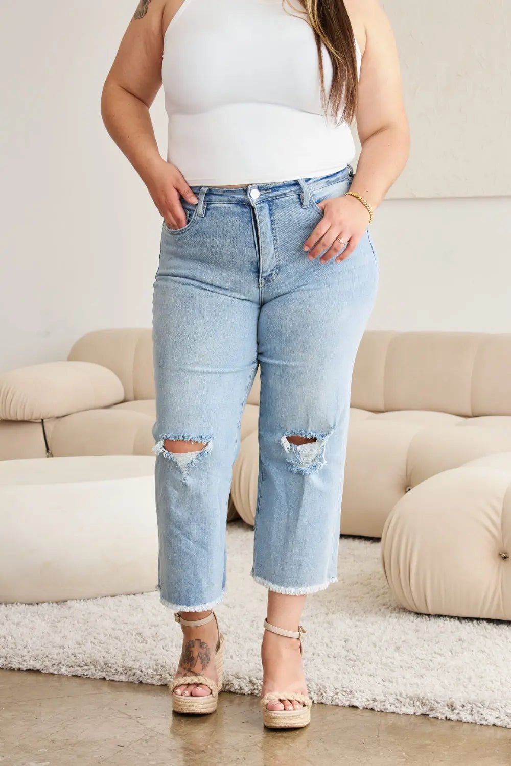 RFM Full Size Tummy Control High Waist Raw Hem Distressed Jeans - Celeste