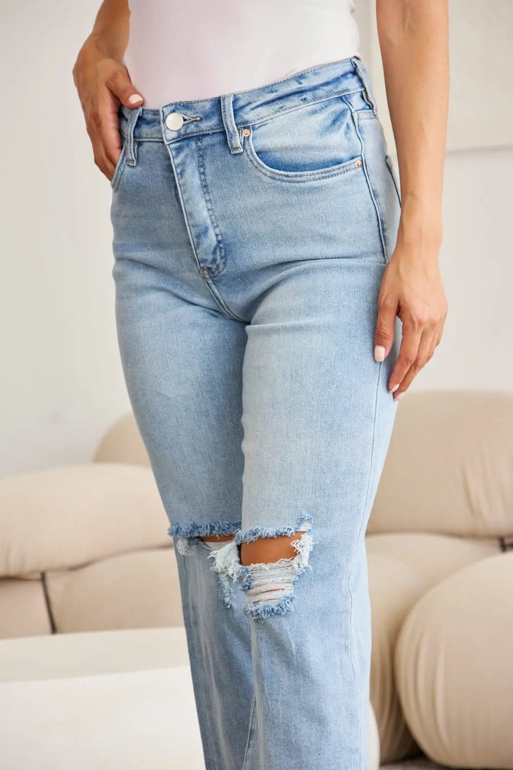 RFM Full Size Tummy Control High Waist Raw Hem Distressed Jeans - Celeste