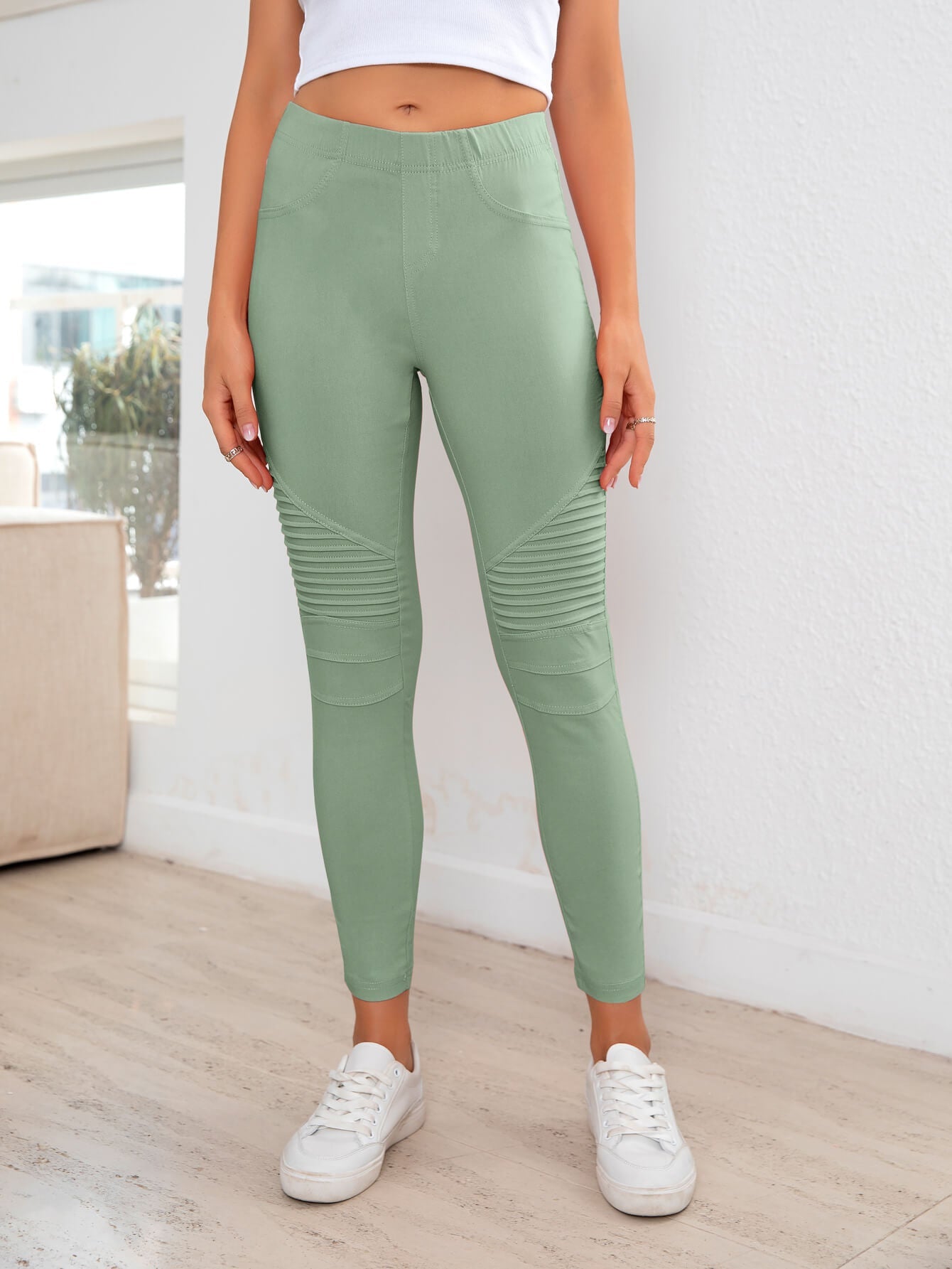 Ribbed Detail Leggings - Celeste    