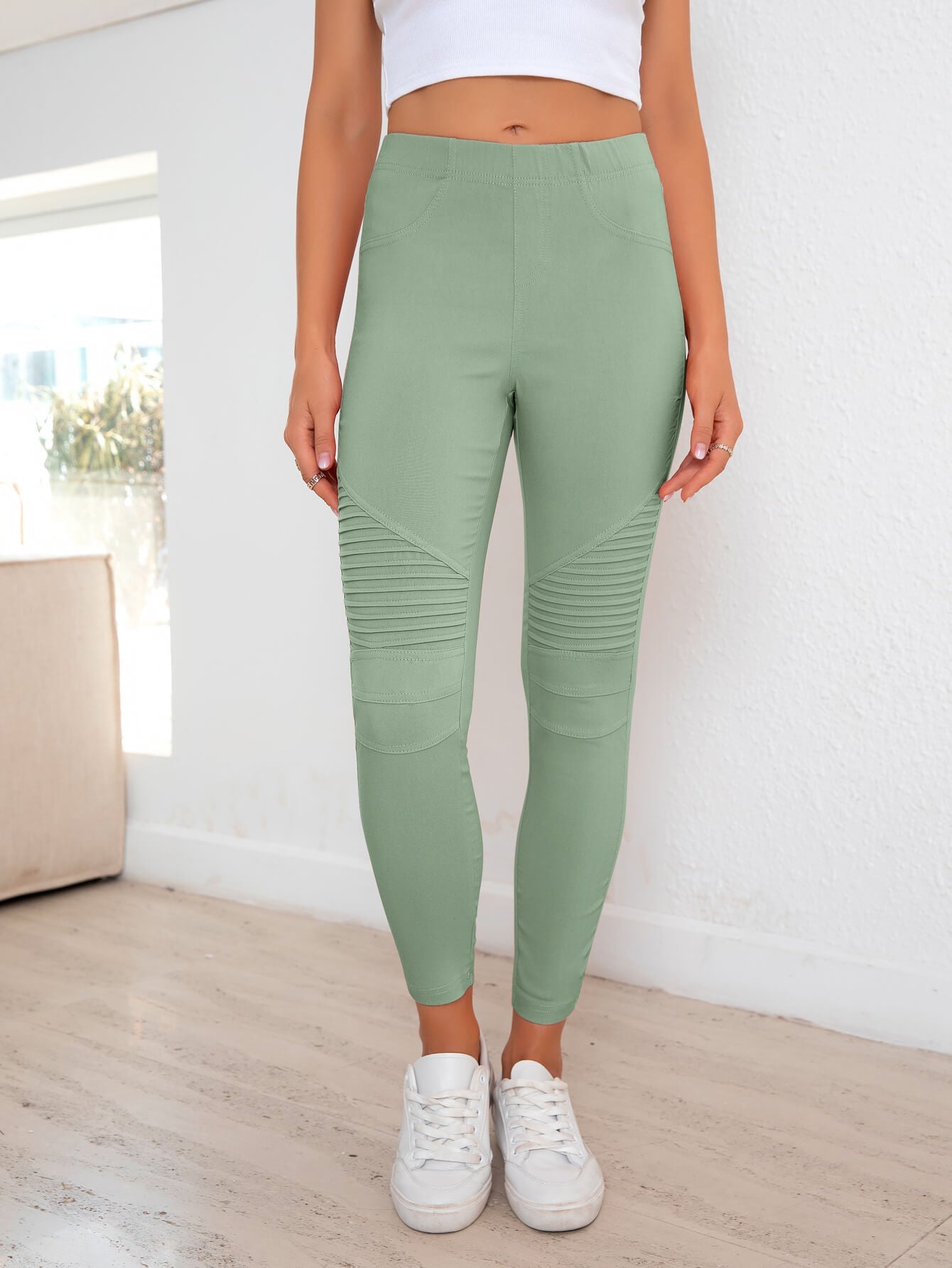 Ribbed Detail Leggings - Celeste    