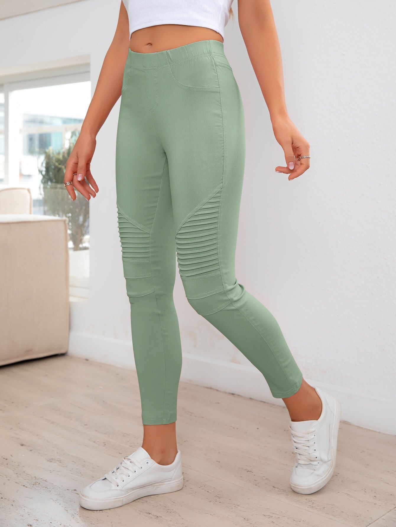 Ribbed Detail Leggings - Celeste    