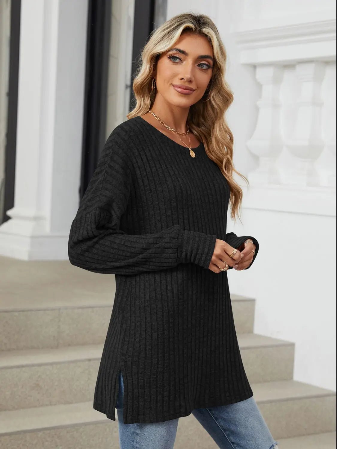 Ribbed Round Neck Long Sleeve T - Shirt - Celeste