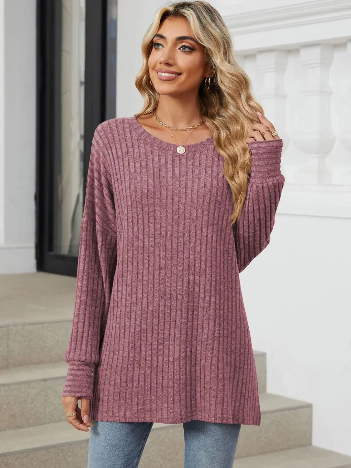 Ribbed Round Neck Long Sleeve T - Shirt - Celeste