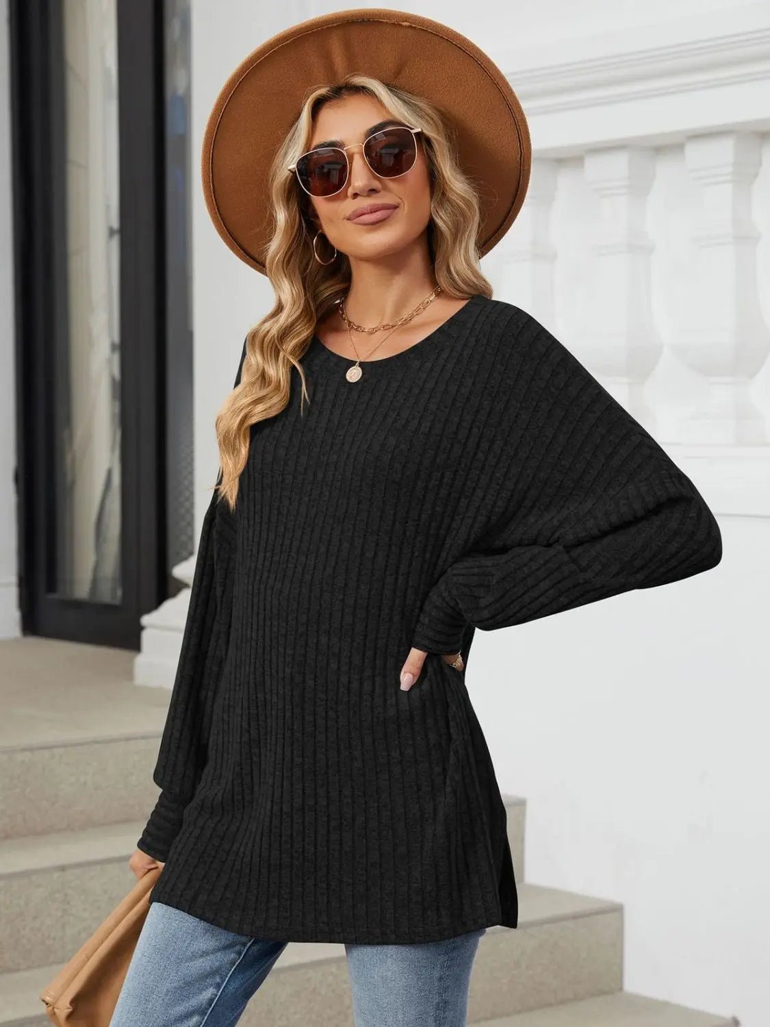 Ribbed Round Neck Long Sleeve T - Shirt - Celeste