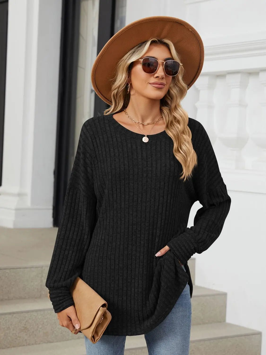 Ribbed Round Neck Long Sleeve T - Shirt - Celeste