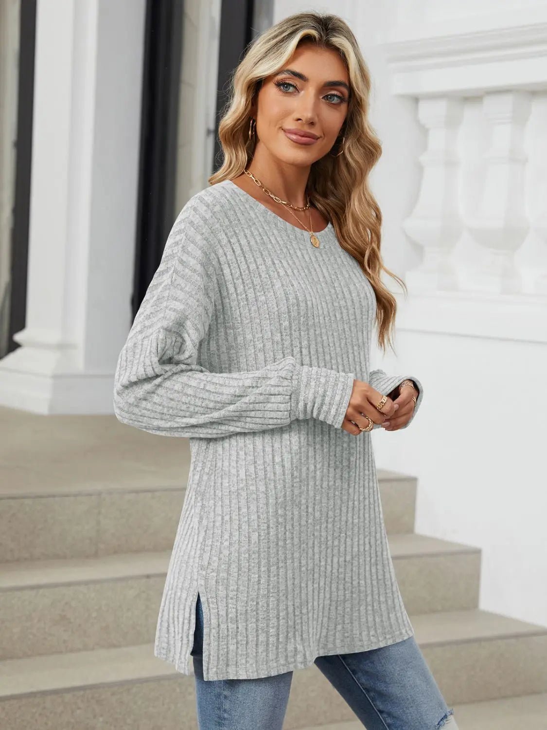 Ribbed Round Neck Long Sleeve T - Shirt - Celeste