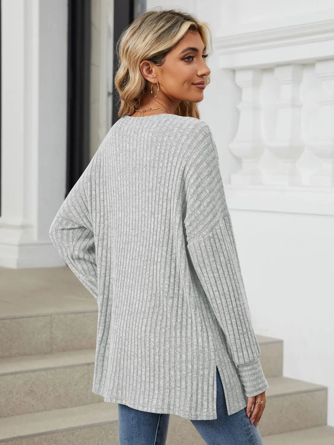 Ribbed Round Neck Long Sleeve T - Shirt - Celeste