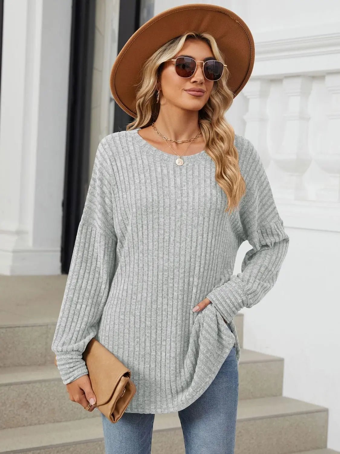 Ribbed Round Neck Long Sleeve T - Shirt - Celeste