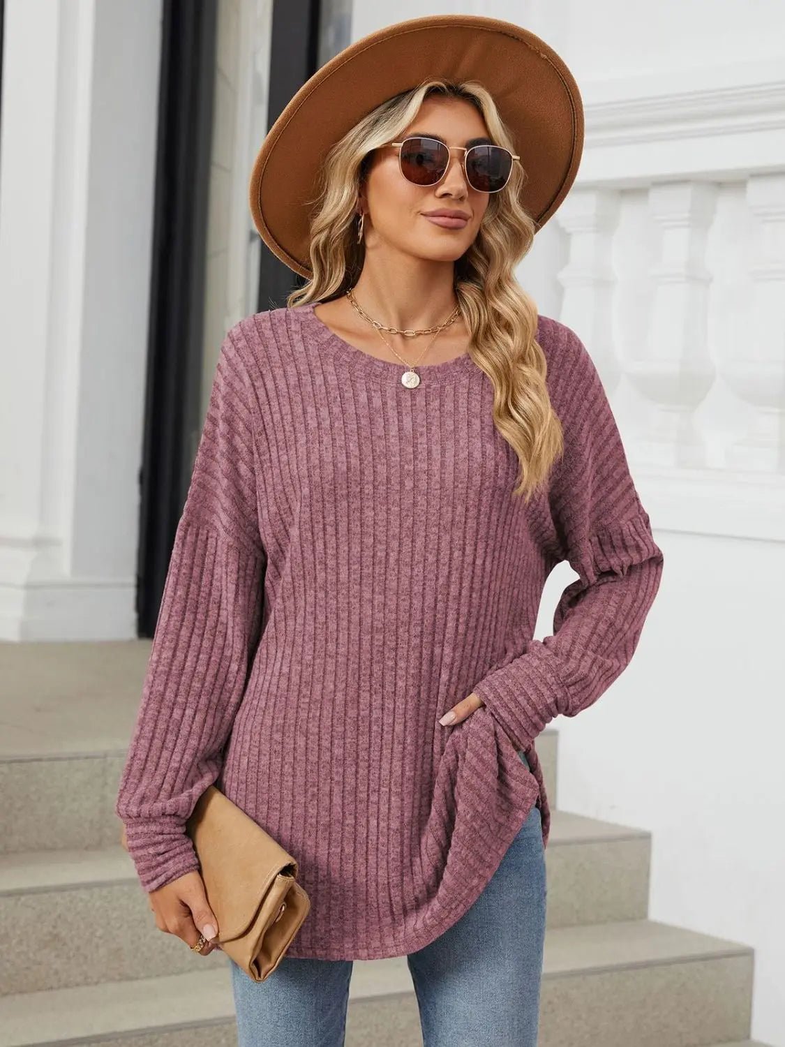 Ribbed Round Neck Long Sleeve T - Shirt - Celeste