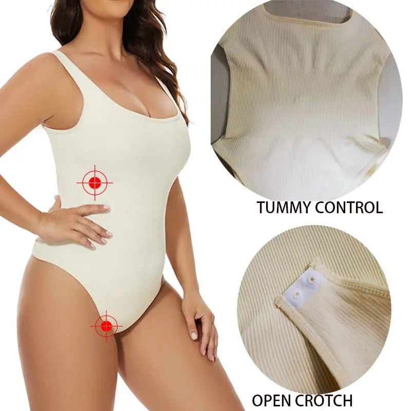 Ribbed Tummy Control Jumpsuit - Daily Shaper Bodysuit with Light Compression & Open Crotch Shapewear - Celeste