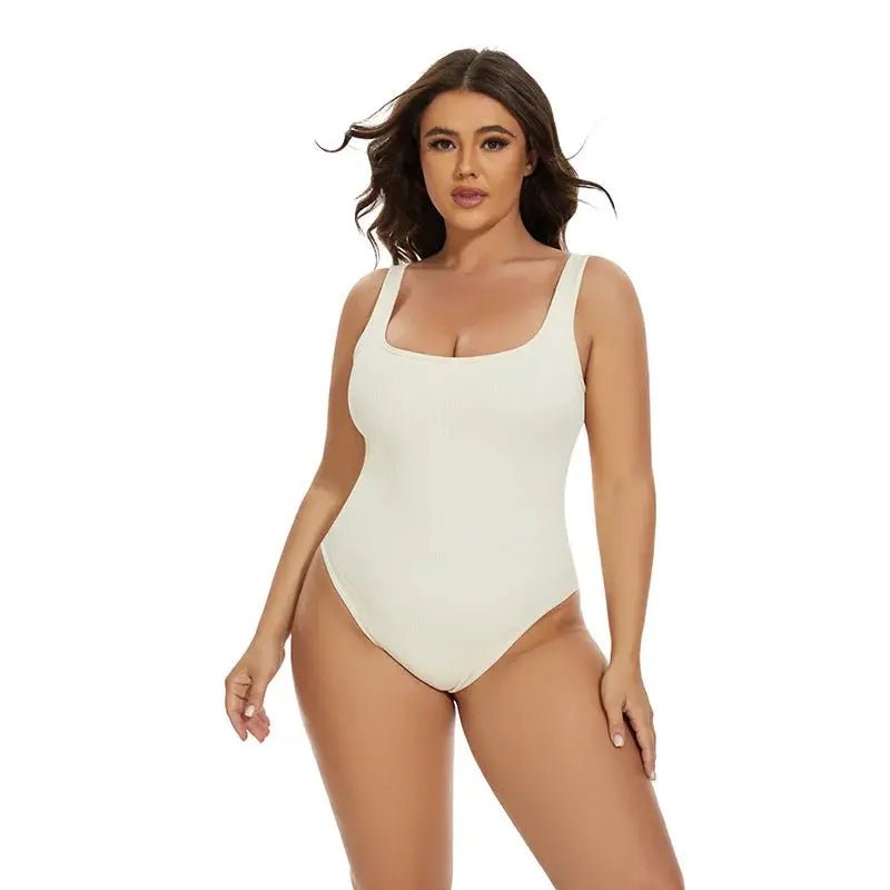 Ribbed Tummy Control Jumpsuit - Daily Shaper Bodysuit with Light Compression & Open Crotch Shapewear - Celeste