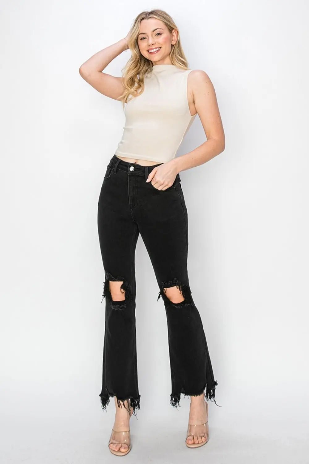 RISEN Full Size Distressed Raw Hem Jeans with Pockets - Celeste