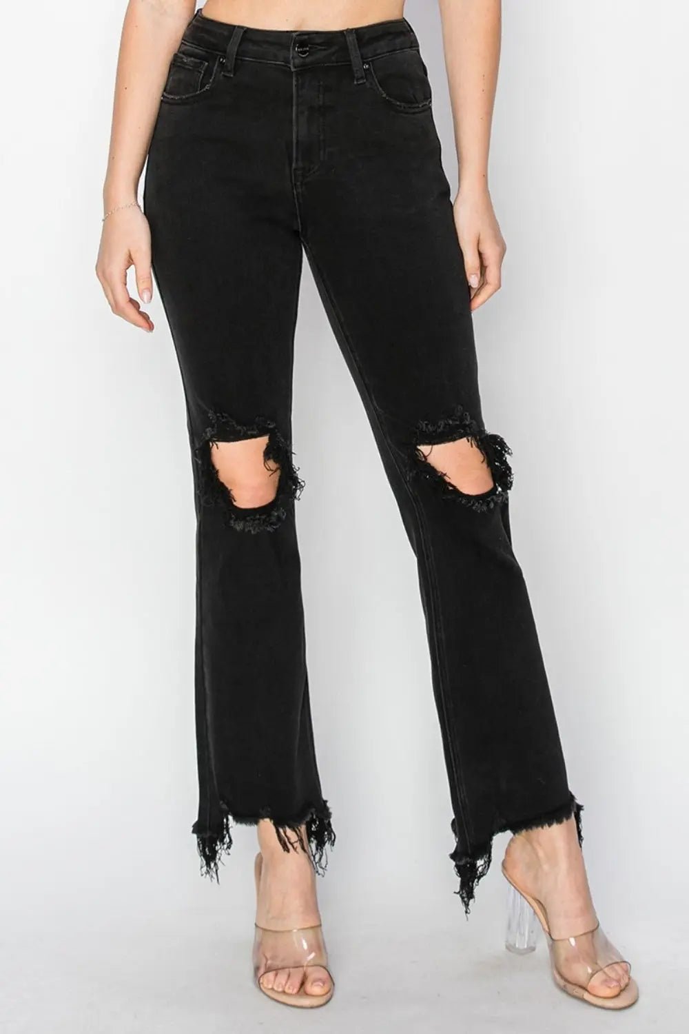 RISEN Full Size Distressed Raw Hem Jeans with Pockets - Celeste