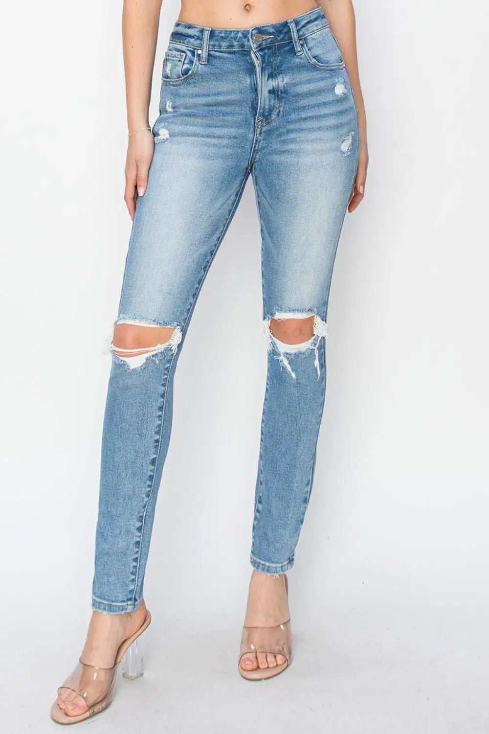 Risen Full Size High Rise Knee Distressed Skinny Jeans - Celeste