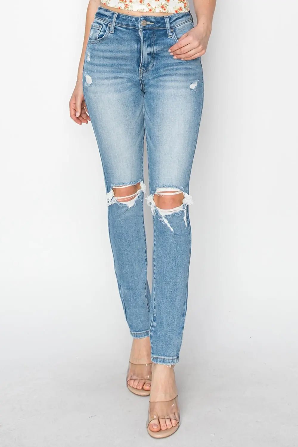 Risen Full Size High Rise Knee Distressed Skinny Jeans - Celeste