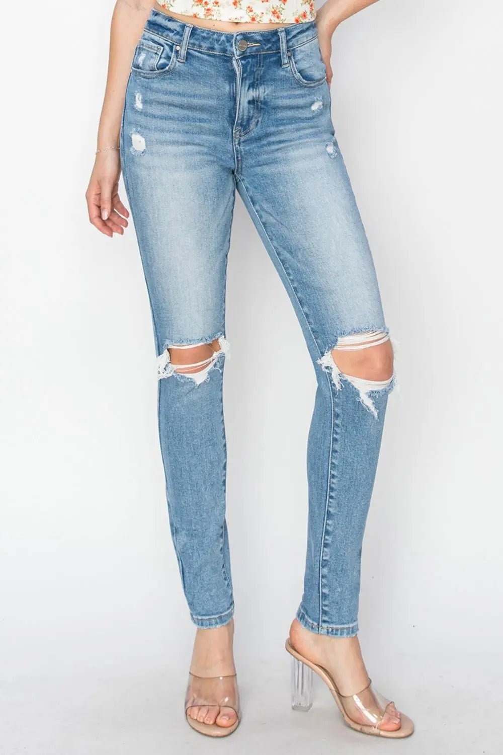 Risen Full Size High Rise Knee Distressed Skinny Jeans - Celeste